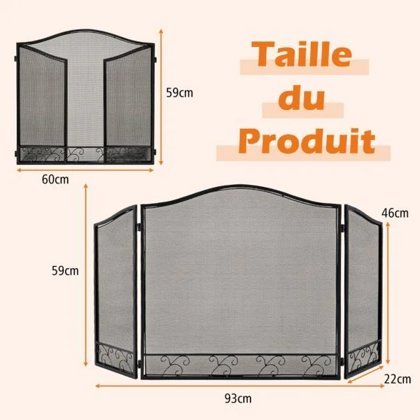 Pare-feu Pliable 93 x 59 CM (L x H) pour Cheminée - Poêle - 3 Volets en Fer forgé Grille de Protection Enfant et Animaux Noir