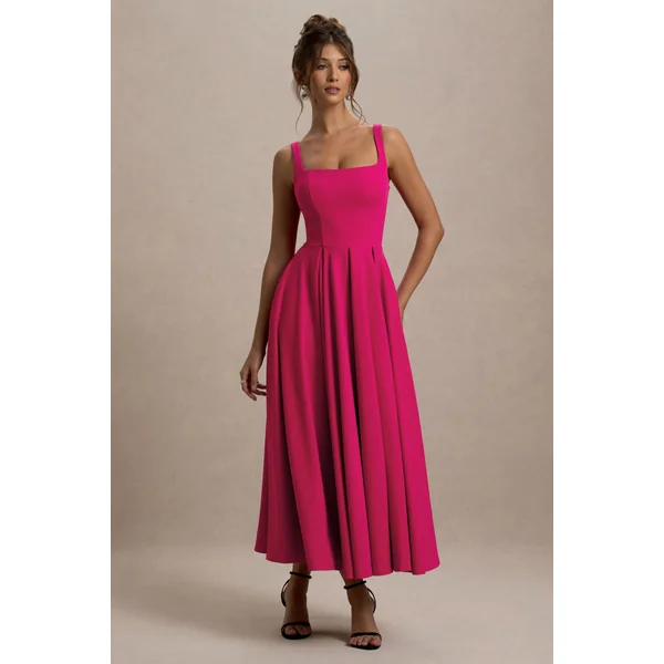 Parina | Robe Mi-Longue Rose à Bretelles avec Ourlet Volumineux