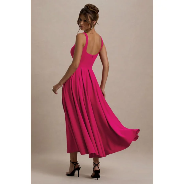 Parina | Robe Mi-Longue Rose à Bretelles avec Ourlet Volumineux