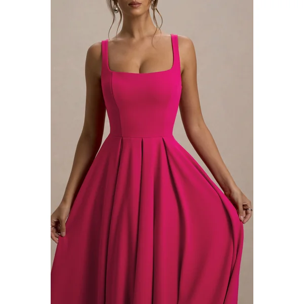 Parina | Robe Mi-Longue Rose à Bretelles avec Ourlet Volumineux