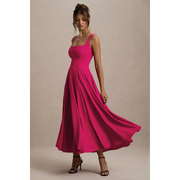 Parina | Robe Mi-Longue Rose à Bretelles avec Ourlet Volumineux