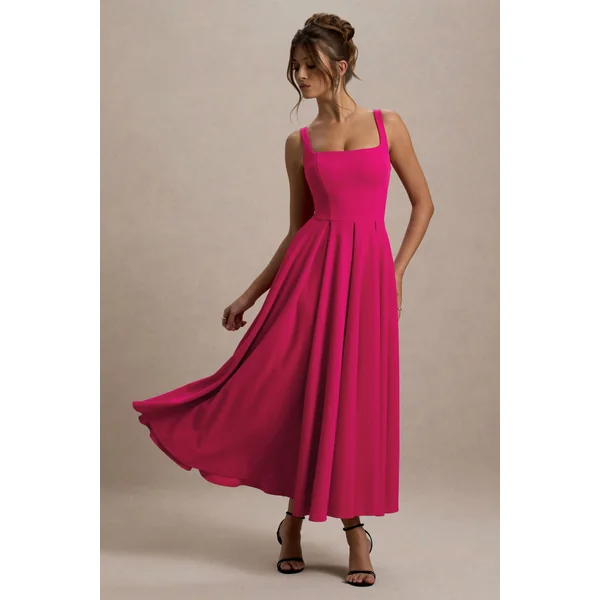 Parina | Robe Mi-Longue Rose à Bretelles avec Ourlet Volumineux