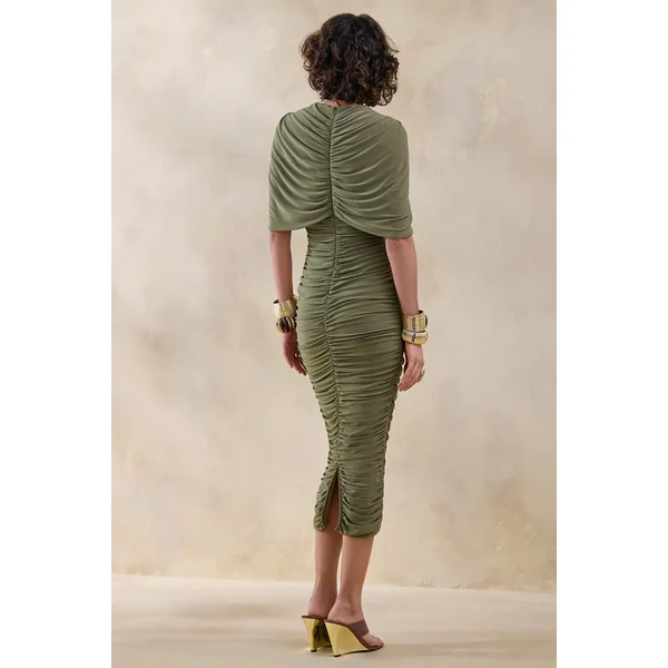 Parisia | Robe mi-longue olive à encolure ronde avec détail cape