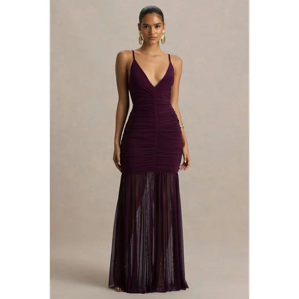 Pasqualina | Robe longue prune à décolleté plongeant et corsage froncé
