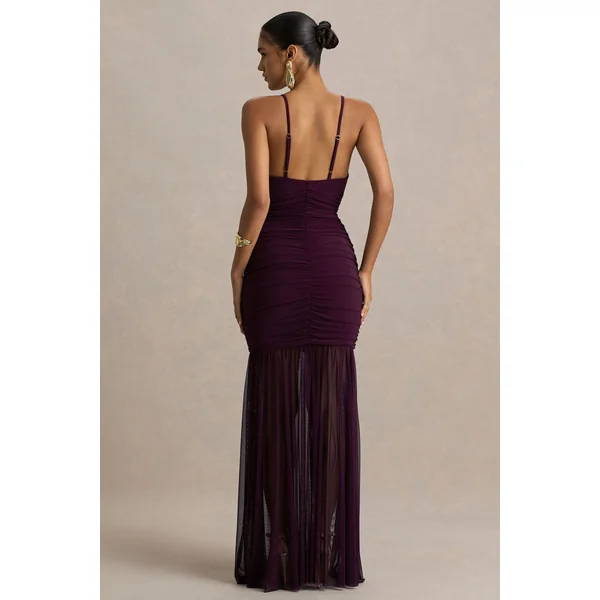 Pasqualina | Robe longue prune à décolleté plongeant et corsage froncé