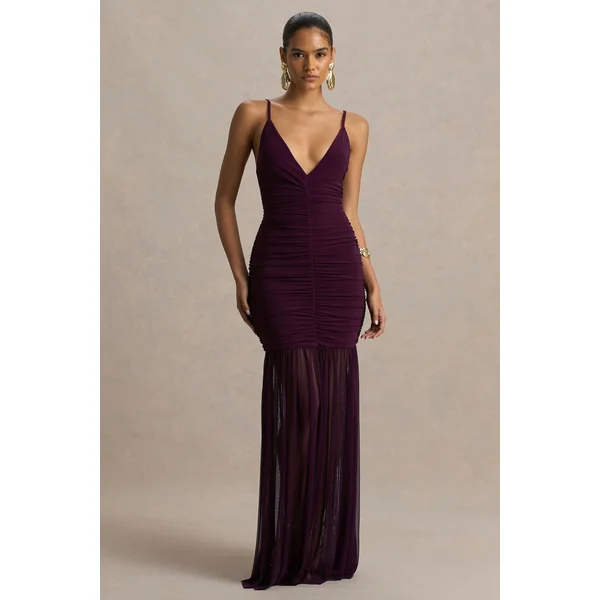 Pasqualina | Robe longue prune à décolleté plongeant et corsage froncé