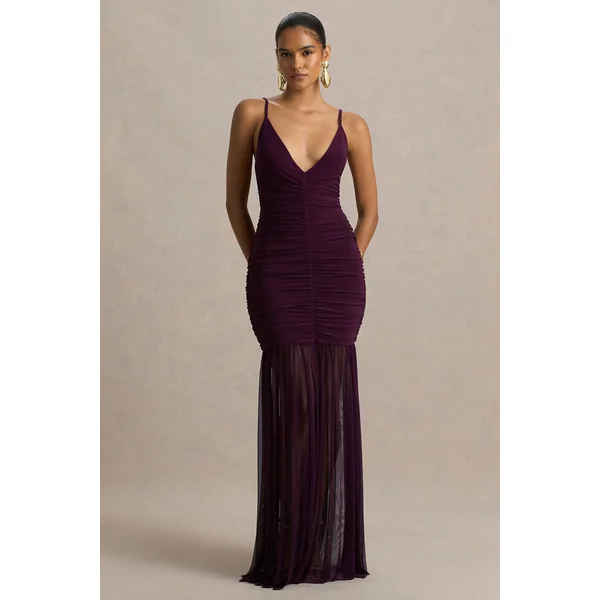 Pasqualina | Robe longue prune à décolleté plongeant et corsage froncé