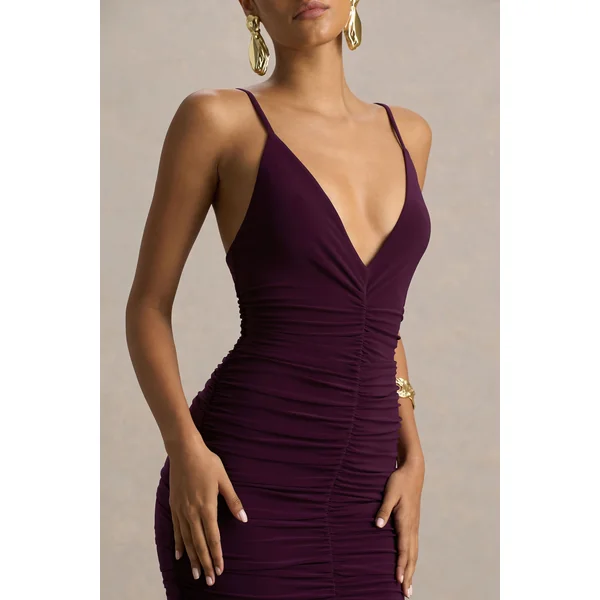 Pasqualina | Robe longue prune à décolleté plongeant et corsage froncé