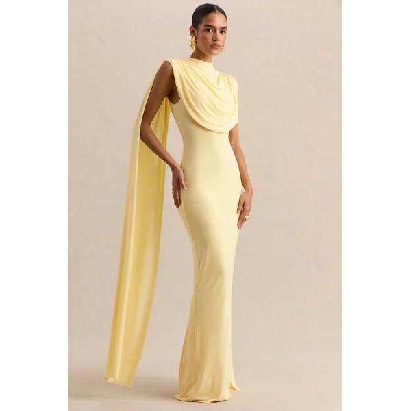 Patrina | Robe longue citron à encolure montante avec détails drapés et manches cape
