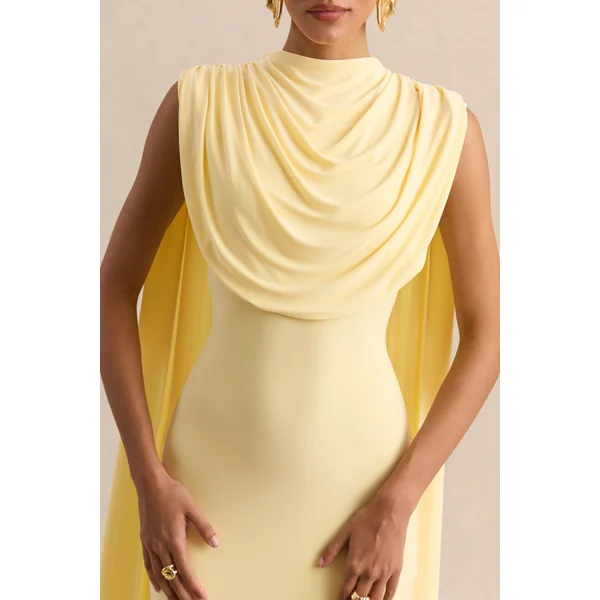 Patrina | Robe longue citron à encolure montante avec détails drapés et manches cape