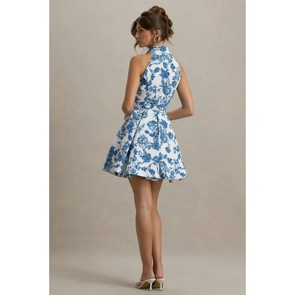 Paulie | Mini-Robe Patineuse en Popeline Imprimée Bleu Porcelaine
