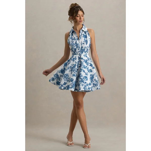 Paulie | Mini-Robe Patineuse en Popeline Imprimée Bleu Porcelaine