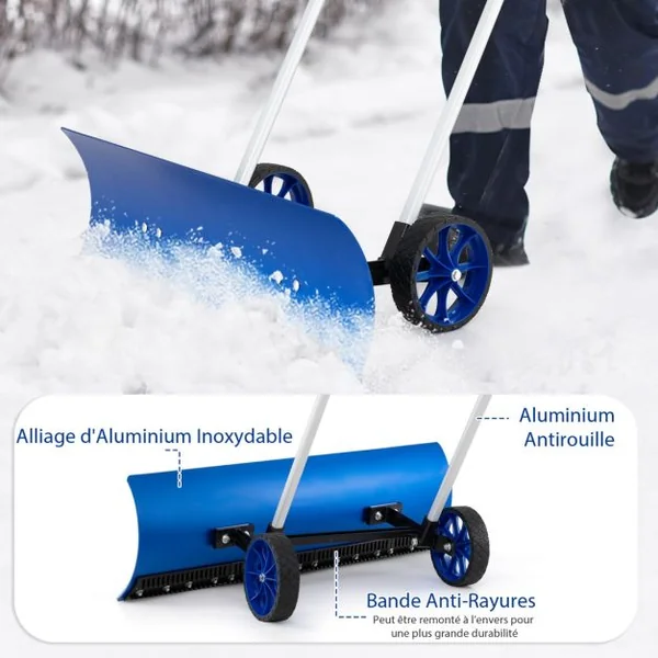 Pelle à Neige en Aluminium de 95cm avec Roues Poussoir à Neige avec Lame Réversible et Coudée Bidirectionnelle Matériau Aluminium Bleu