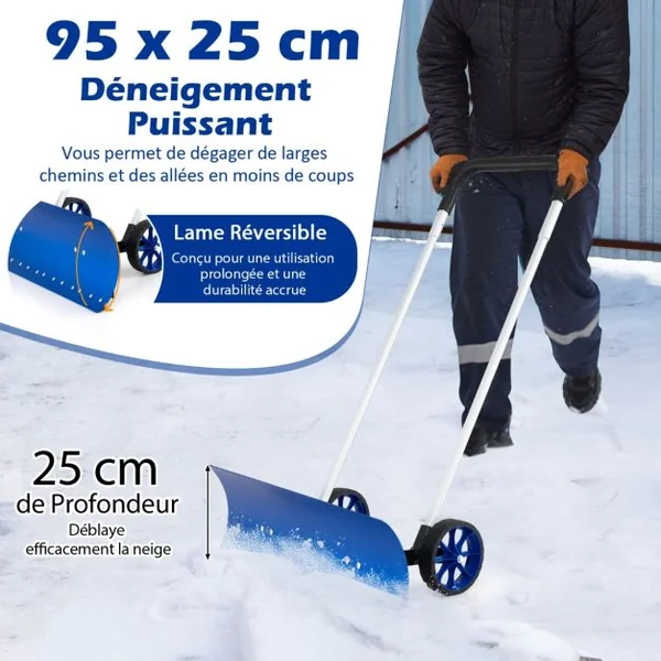 Pelle à Neige en Aluminium de 95cm avec Roues Poussoir à Neige avec Lame Réversible et Coudée Bidirectionnelle Matériau Aluminium Bleu