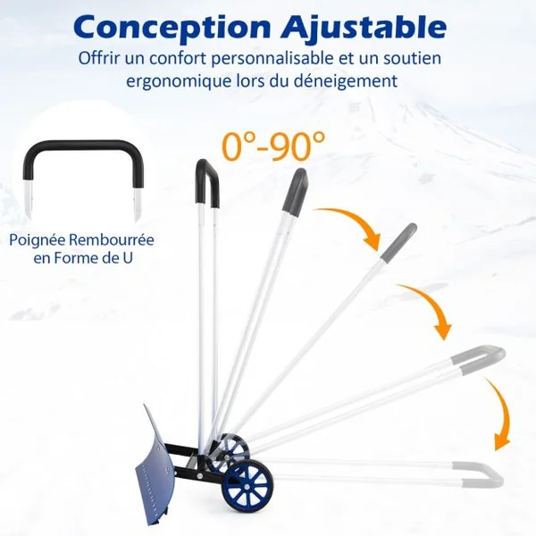 Pelle à Neige en Aluminium de 95cm avec Roues Poussoir à Neige avec Lame Réversible et Coudée Bidirectionnelle Matériau Aluminium Bleu