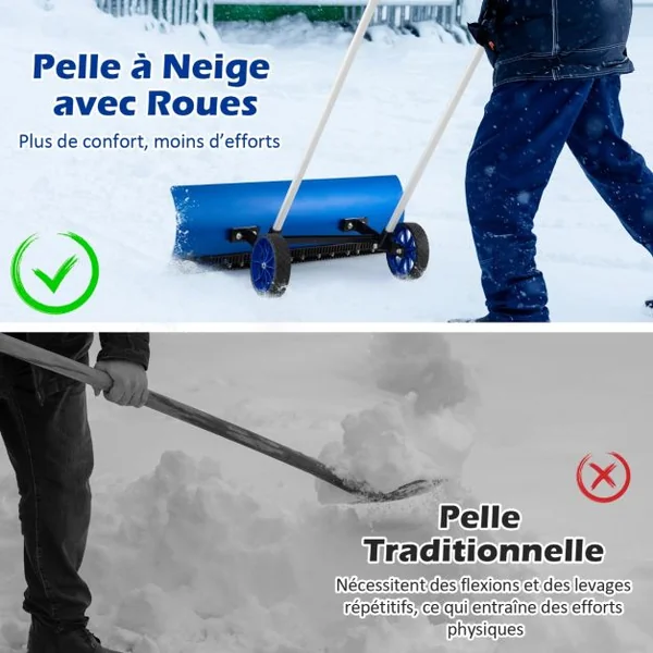 Pelle à Neige en Aluminium de 95cm avec Roues Poussoir à Neige avec Lame Réversible et Coudée Bidirectionnelle Matériau Aluminium Bleu
