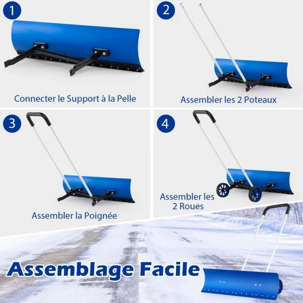 Pelle à Neige en Aluminium de 95cm avec Roues Poussoir à Neige avec Lame Réversible et Coudée Bidirectionnelle Matériau Aluminium Bleu