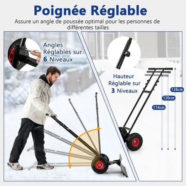 Pelle à Neige en Métal de 91,5 cm avec Roues Pelle Déneigement avec Poignée Réglable en Hauteur et en Angle Noir