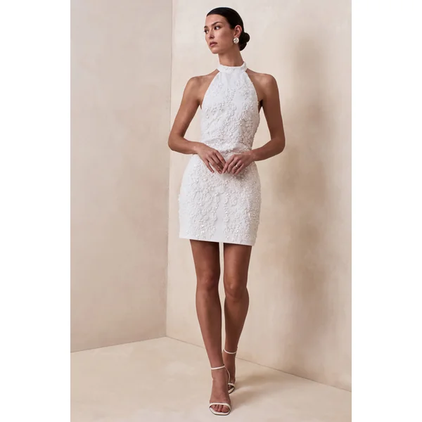 Penelope | Mini-robe blanche embellie à col montant