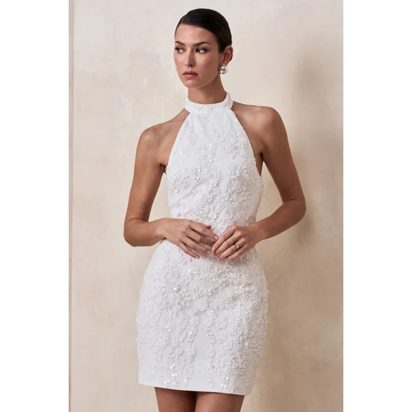 Penelope | Mini-robe blanche embellie à col montant