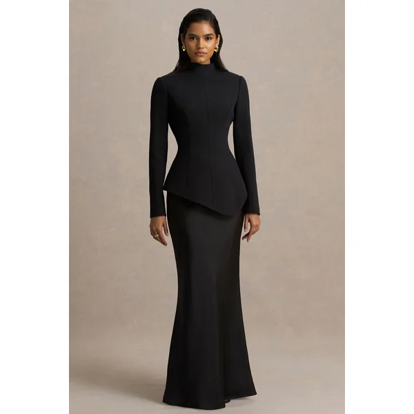 Pepita | Robe longue noire à coupe tailleur col montant taille basse et jupe en satin