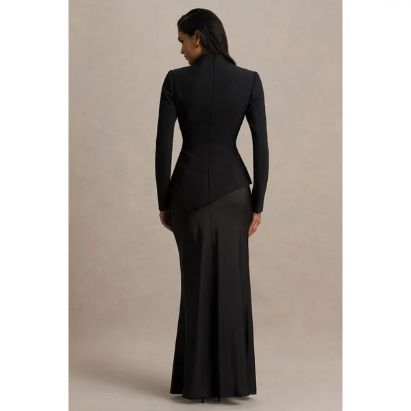 Pepita | Robe longue noire à coupe tailleur col montant taille basse et jupe en satin