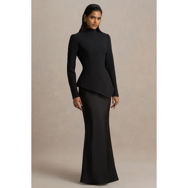 Pepita | Robe longue noire à coupe tailleur col montant taille basse et jupe en satin