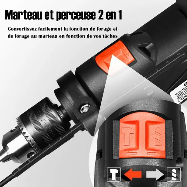 Perceuse à Percussion 2 en 1 Marteau Perforateur Mandrin 1,5-13mm Vitesse Variable Clé à Mandrin