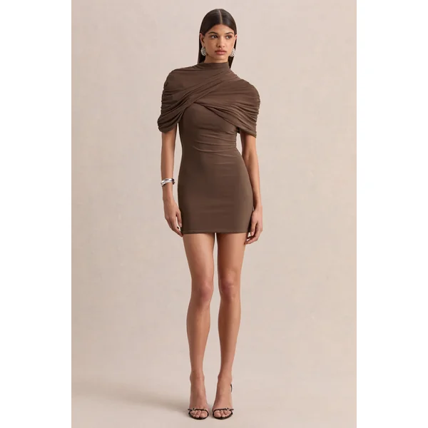 Perdi | Mini-robe bodycon brune avec cape torsadée