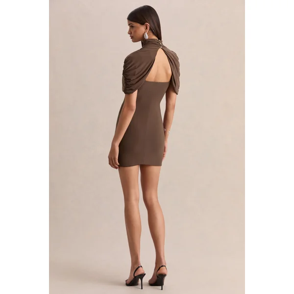 Perdi | Mini-robe bodycon brune avec cape torsadée