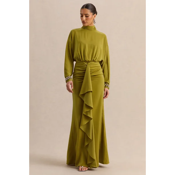 Perla | Robe longue olive à décolleté haut avec détails froncés