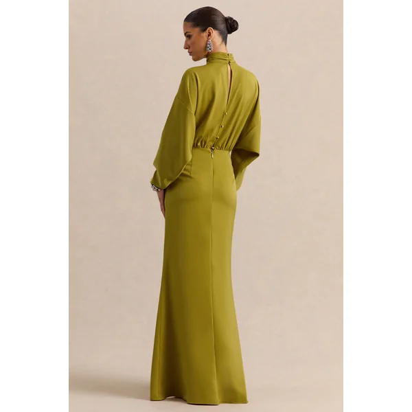 Perla | Robe longue olive à décolleté haut avec détails froncés