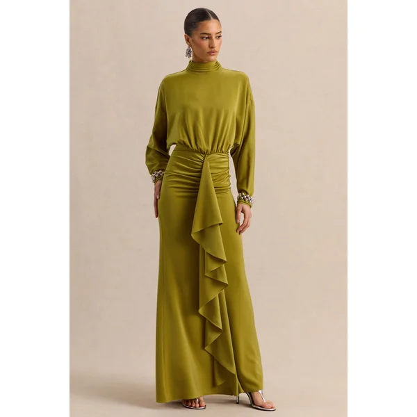 Perla | Robe longue olive à décolleté haut avec détails froncés