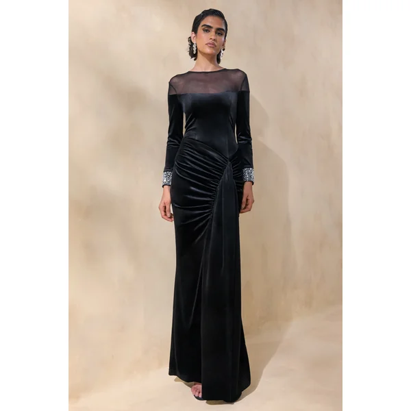 Perrin | Robe longue en velours noir à encolure ras-du-cou avec poignets ornés
