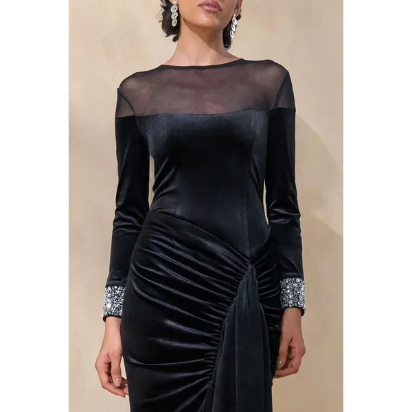 Perrin | Robe longue en velours noir à encolure ras-du-cou avec poignets ornés