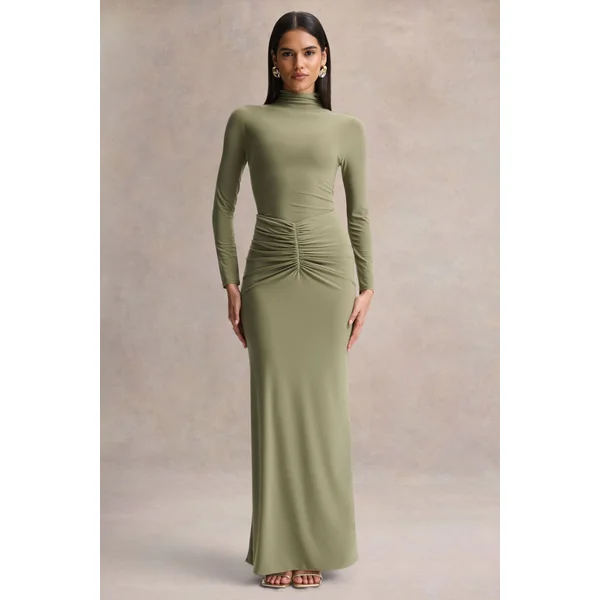 Persis | Robe longue olive à col montant avec détails froncés