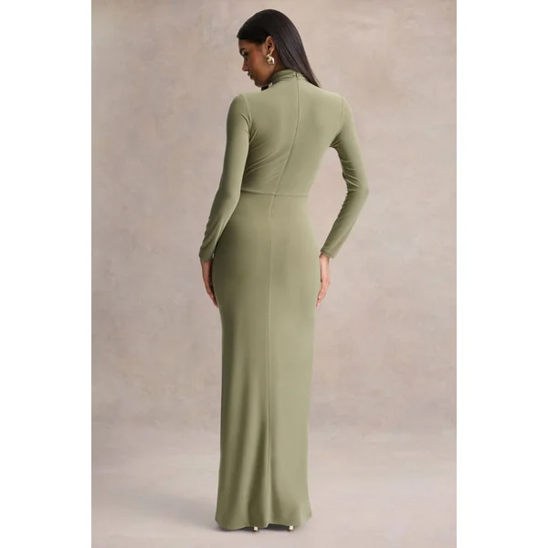 Persis | Robe longue olive à col montant avec détails froncés