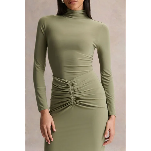 Persis | Robe longue olive à col montant avec détails froncés