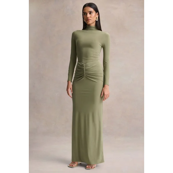 Persis | Robe longue olive à col montant avec détails froncés