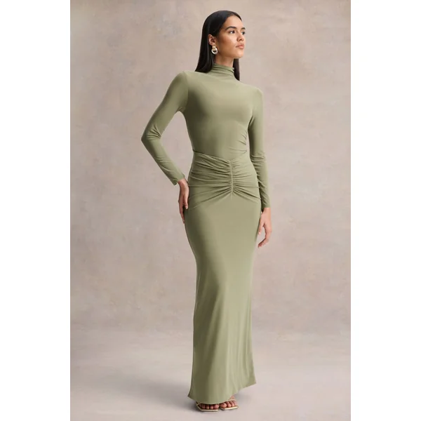 Persis | Robe longue olive à col montant avec détails froncés