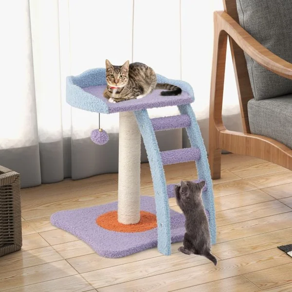 Petit Arbre à Chat 48,5 CM avec Grande Plateforme Centre d'Activités pour Chaton avec Boule en Peluche et Cloche Violet