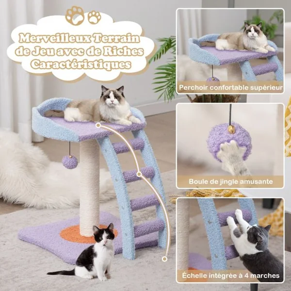Petit Arbre à Chat 48,5 CM avec Grande Plateforme Centre d'Activités pour Chaton avec Boule en Peluche et Cloche Violet