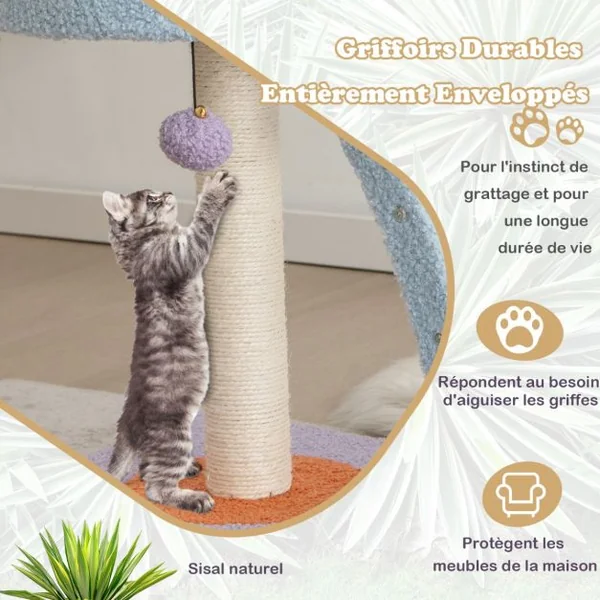 Petit Arbre à Chat 48,5 CM avec Grande Plateforme Centre d'Activités pour Chaton avec Boule en Peluche et Cloche Violet