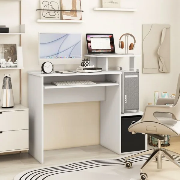 Petit Bureau d'Ordinateur avec Rangement Bureau à Domicile avec Plateau pour Clavier et Tiroir en Tissu Amovible Bureau d'Écriture Blanc