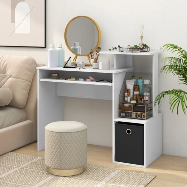 Petit Bureau d'Ordinateur avec Rangement Bureau à Domicile avec Plateau pour Clavier et Tiroir en Tissu Amovible Bureau d'Écriture Blanc