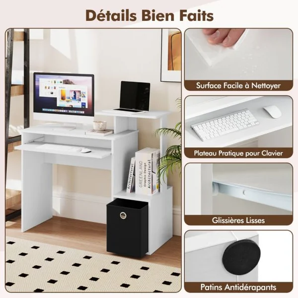 Petit Bureau d'Ordinateur avec Rangement Bureau à Domicile avec Plateau pour Clavier et Tiroir en Tissu Amovible Bureau d'Écriture Blanc