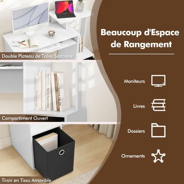 Petit Bureau d'Ordinateur avec Rangement Bureau à Domicile avec Plateau pour Clavier et Tiroir en Tissu Amovible Bureau d'Écriture Blanc