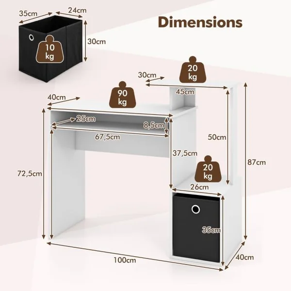 Petit Bureau d'Ordinateur avec Rangement Bureau à Domicile avec Plateau pour Clavier et Tiroir en Tissu Amovible Bureau d'Écriture Blanc