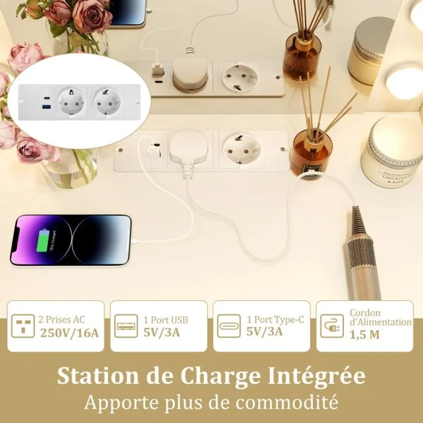 Petite Coiffeuse avec Miroir et Lumières Ensemble de Table de Maquillage avec Station de Charge Tabouret de Rangement Tiroirs Étagères Blanc
