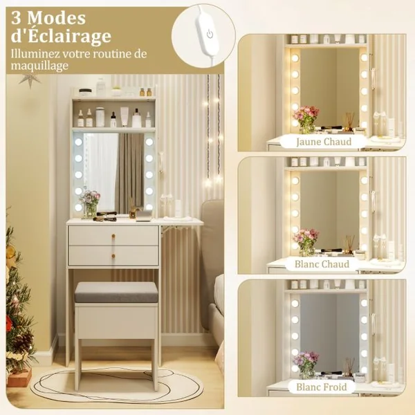 Petite Coiffeuse avec Miroir et Lumières Ensemble de Table de Maquillage avec Station de Charge Tabouret de Rangement Tiroirs Étagères Blanc